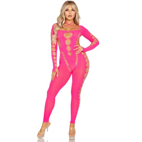 LEG AVENUE - PINK OPEN BACK BODYSTOCKING ONE SIZE